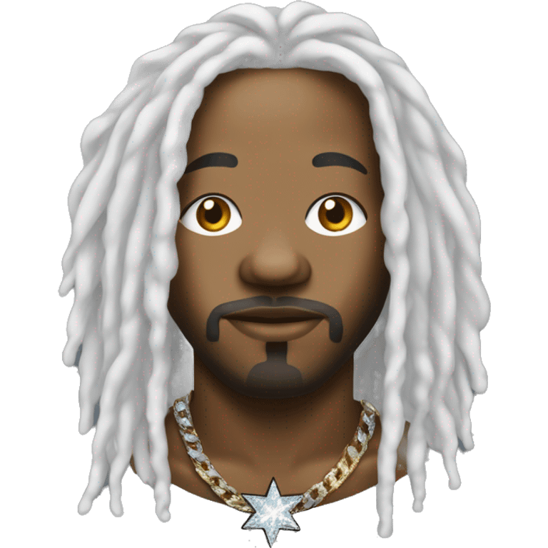 African-American rapper with white long dreadlocks and a diamond chain in the shape of a star emoji