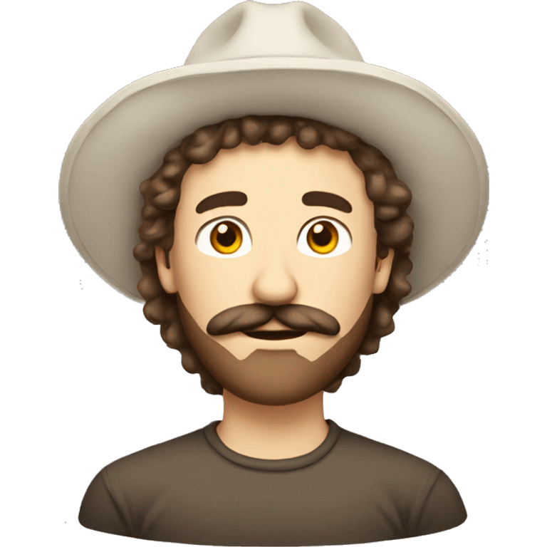 Tall white fluffy brown hair guy wearing hat with mustache emoji