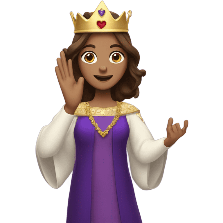 Caucasian long  brunette woman wearing formal royal purple robes and a crown whose shows hearts to the man she adores  emoji