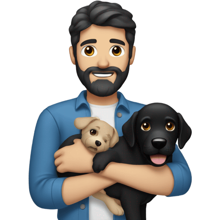 man with dark hair blue eyes beard and mustache holding black Labrador  emoji