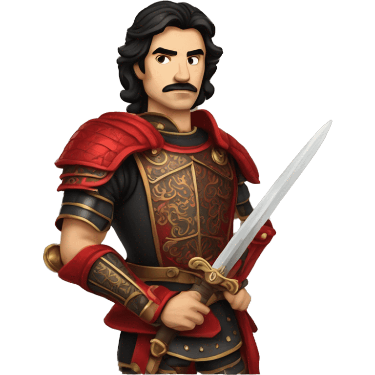 Vintage Tanned man with black hair and stern face wearing red and black armour holding sword vintage intricate patterns emoji