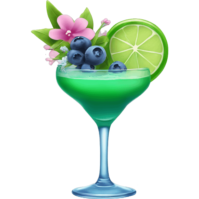 Green cocktail with blue mix and pink little flowers with blueberries  emoji