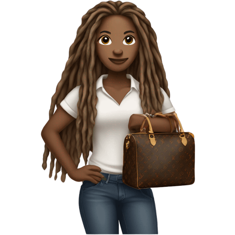 Light brown African American woman with long dreadlocks holding Louis Vuitton bag emoji