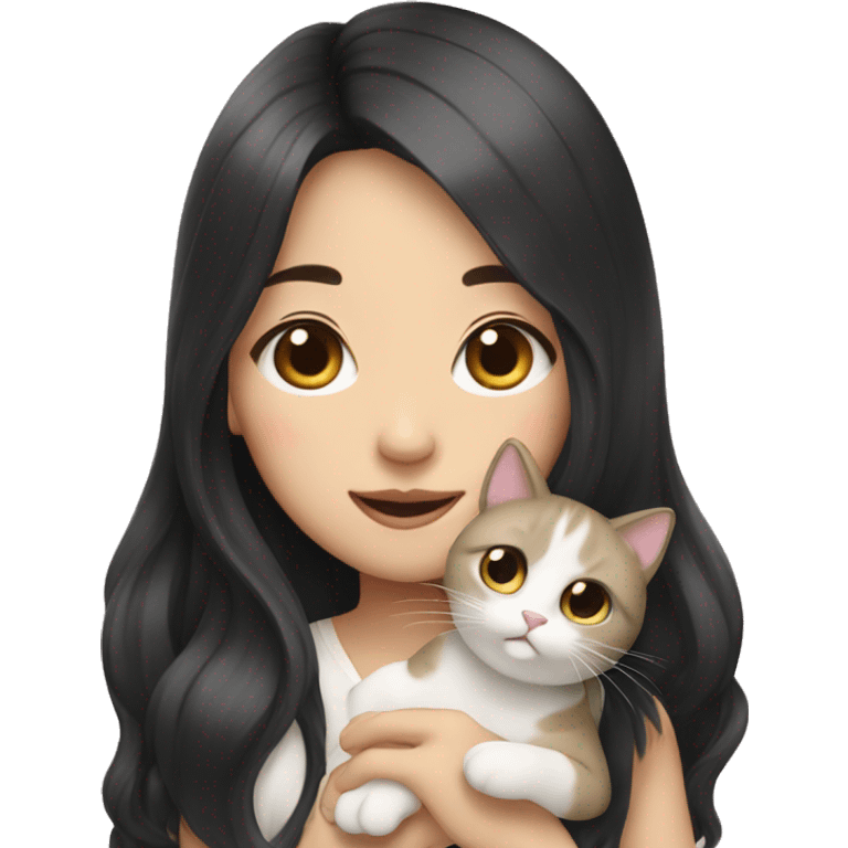 Korean girl with long black hair holding 2 cats emoji