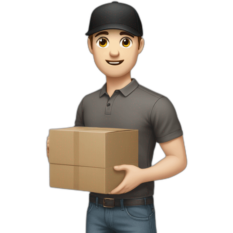 Pale skinned fit Man with dark brown hair in a black cap, gray jeans and brown polo T-shirt keeping a pasted with tape white box into his hands emoji