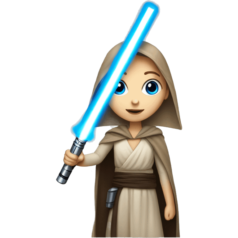 portrait of a girl with blue eyes with jedi light saber emoji