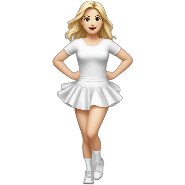 hyperrealistic-full-body-caucasian-curvy-beauty-jumping-small white-skirt-white knickers under skirt white socks back-and-front-views emoji