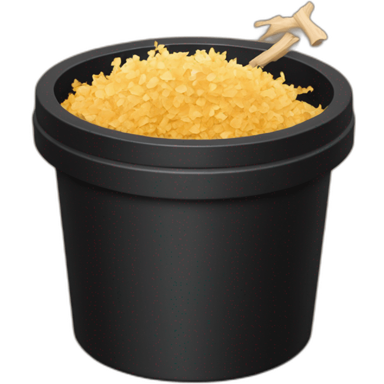 Black cubic plastic container with wood shavings inside, and a white tube with three branches at the top  emoji