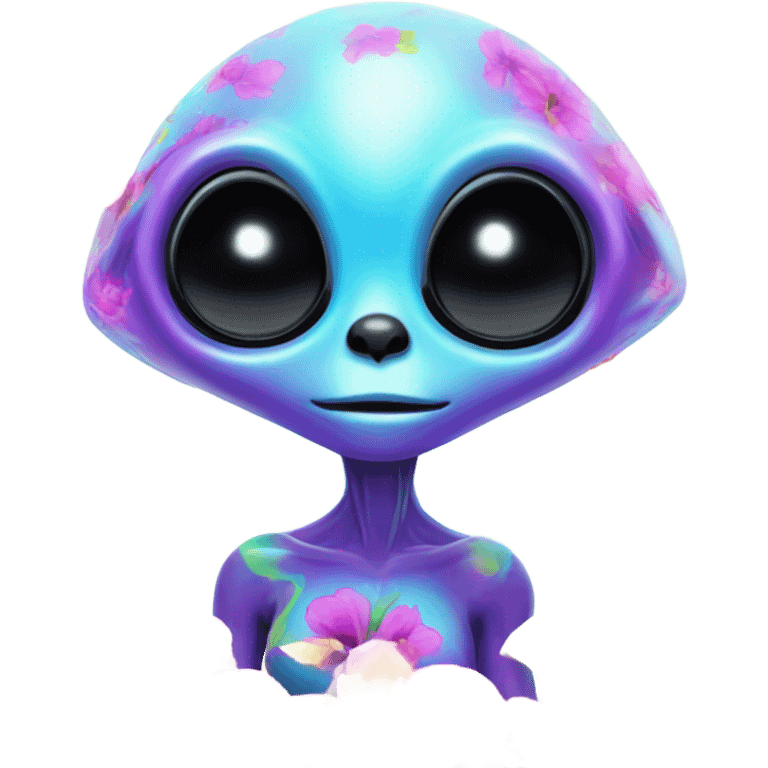 Lisa frank alien with big head and big black eyes with flowers emoji