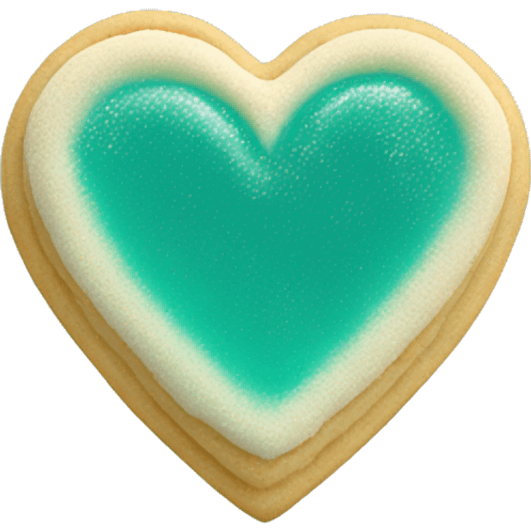 Realistic shortbread cookie in the shape of a heart with teal jelly middle filling and sprinkled powder sugar on top. emoji