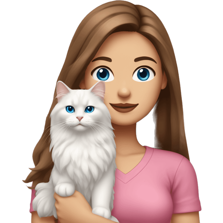 woman with long brown hair and pink shirt and holding a all white Siberian cat with blue eyes emoji