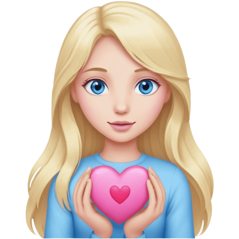 Cinematic realistic blonde with long hair and blue eyes and a pink heart emoji