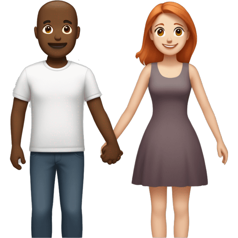 Emoji of a light-skinned red-haired woman and a medium-to-dark brown-skinned man holding hands. Both are smiling with minimalistic, emoji-style features from shoulders up, conveying a friendly, supportive bond. emoji