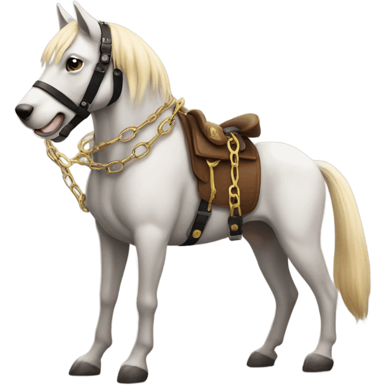 A dog with handcuffs rides a horse emoji