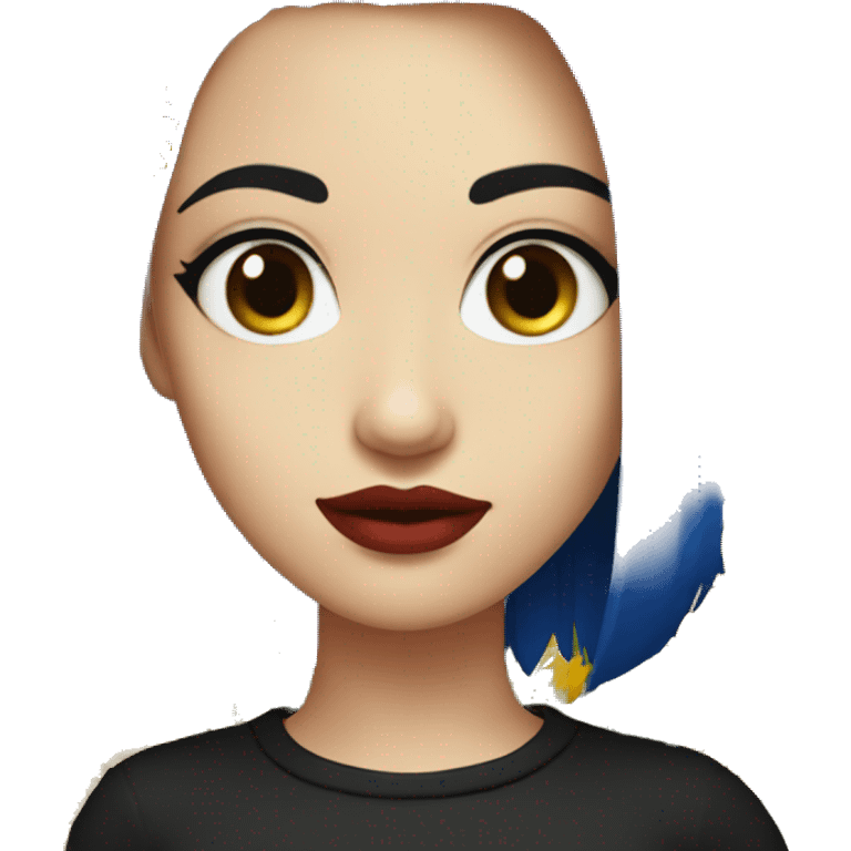  female emoji with dark blue hair, nose piercing, sunflower colored eyes, white skin, red lips, wearing black shirt  emoji