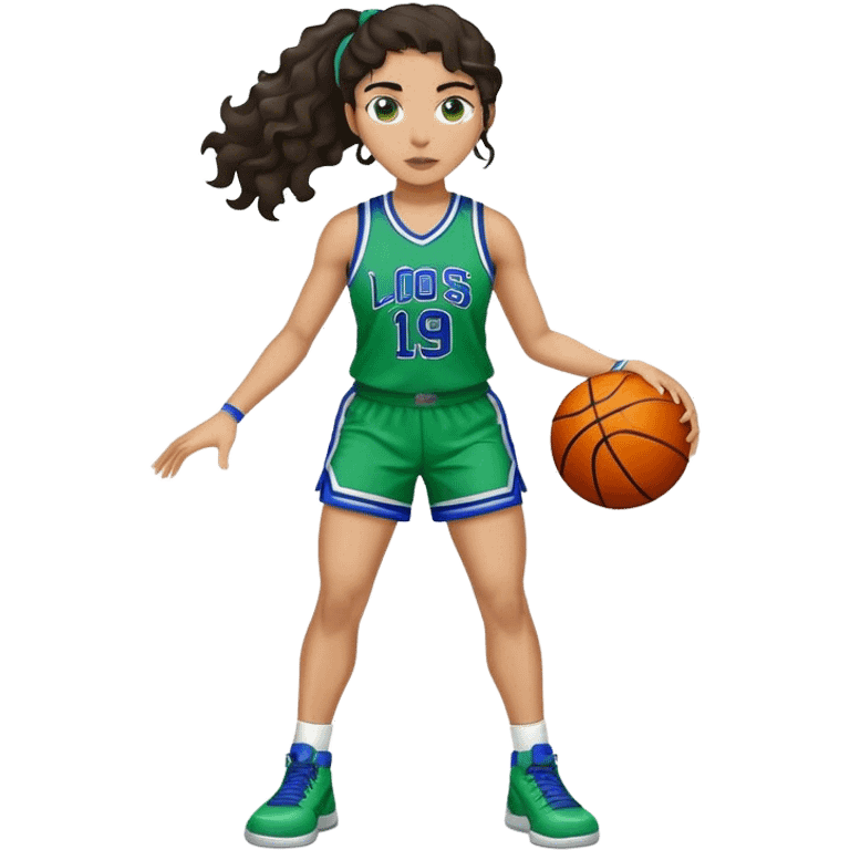 full body plus size light skin latino women basketball player with wavy dark hair large wide nose wearing blue with green uniform emoji