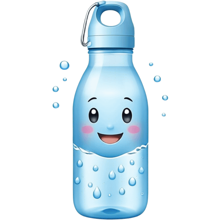 Cute Kawaii Water Bottle, round and bubbly, soft blue with tiny water droplets around, a happy smiling face, gentle glowing highlights, fresh and refreshing vibes! emoji