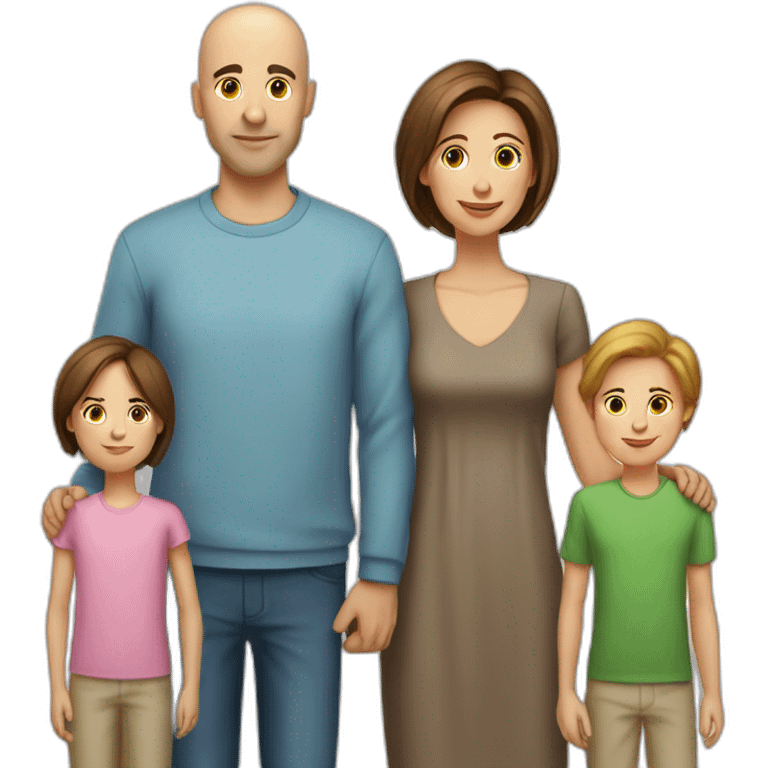 family of 5 persons mother has brown hair father is bald and the kids are tall emoji