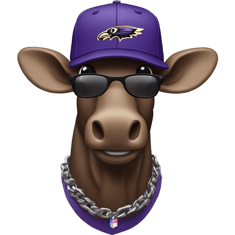 Moose wearing a backwards flatbill hat, a chain, sunglasses, and a Baltimore ravens jersey emoji