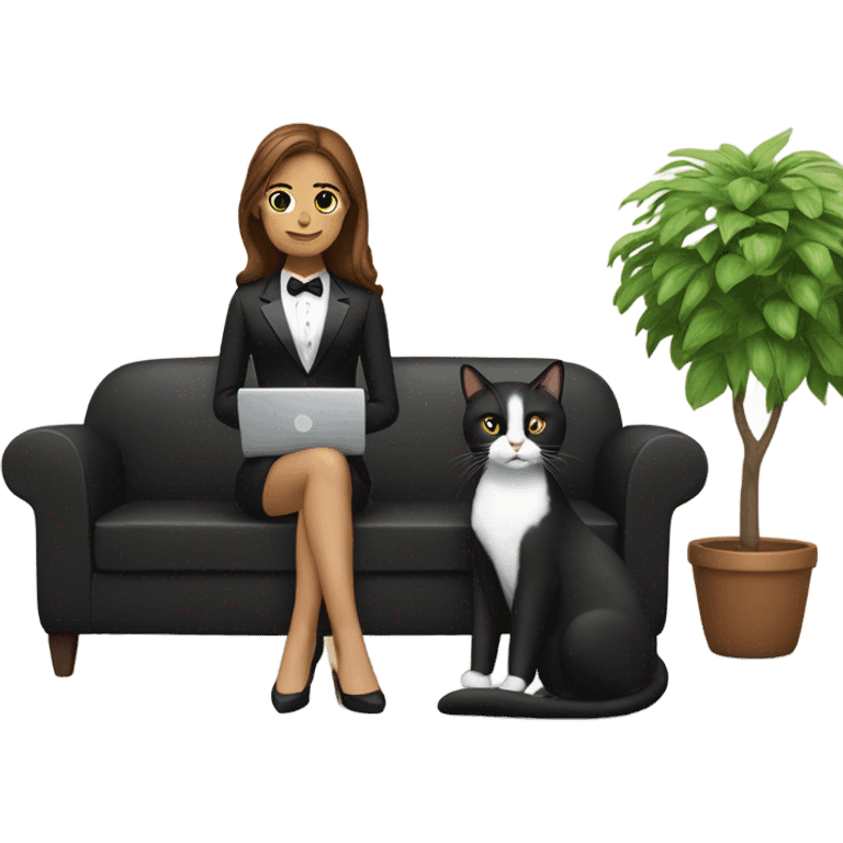 Light skinned woman with brown hair sitting on the couch laptop on her lap next to small black and white tuxedo cat emoji