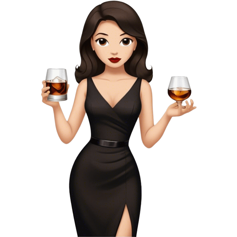 Beautiful woman in 1950’s woman fashion look, black dress, long dark brown hair, whisky with ice emoji