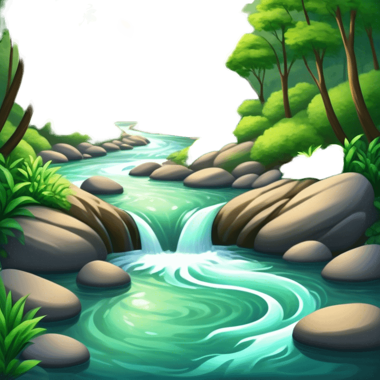 Cinematic Realistic River Emoji, Serene and flowing, with sparkling water meandering through lush greenery, surrounded by trees and rocks. The sun dances across the rippling surface, creating glimmering reflections while birds fly overhead. Soft glowing outline, capturing the essence of peacefulness and tranquility in a meandering river. emoji