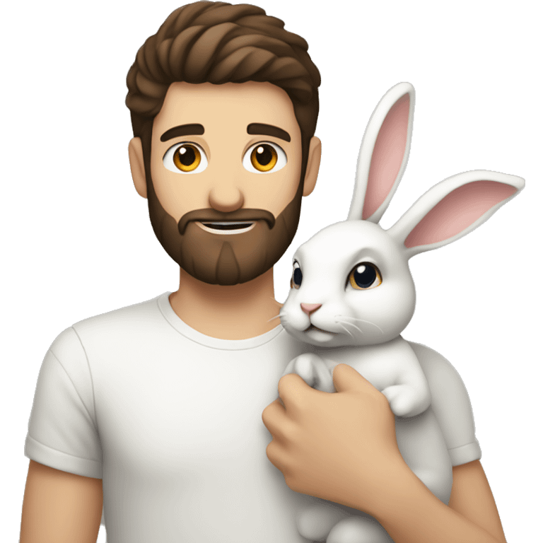 Brunette guy with a beard holds a white rabbit  emoji