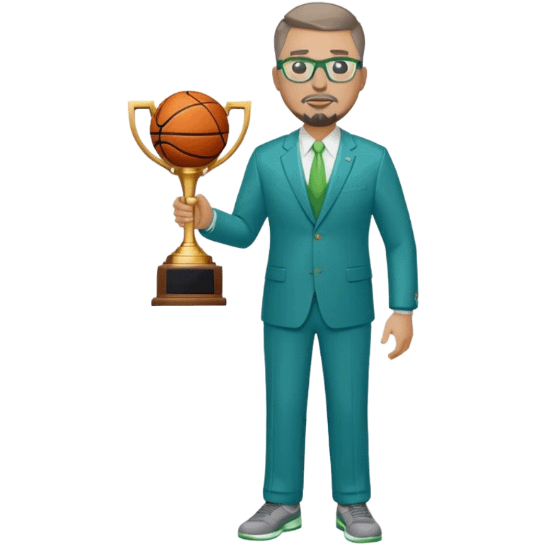 Full Body white plus size man  wearing glasses with a goatee with light brown and gray short hair basketball head Coach in blue and green suit holding trophy emoji