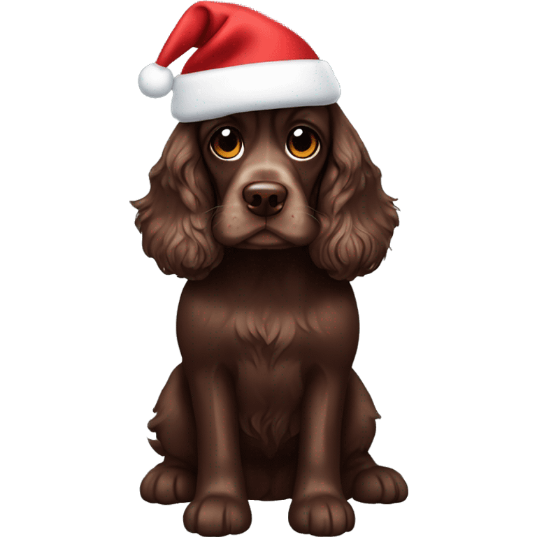 Chocolate brown cocker spaniel wearing santa hat emoji