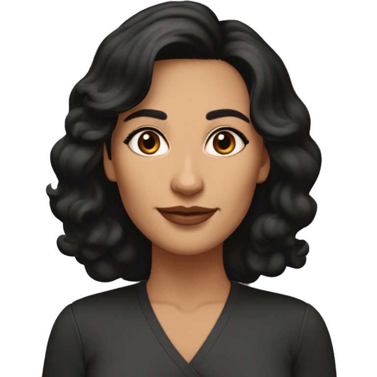 Middle-aged woman, black wavy medium length hair, tan skin, aquiline nose, medium full lips, dark brown eyes, medium thin brows, oval face emoji