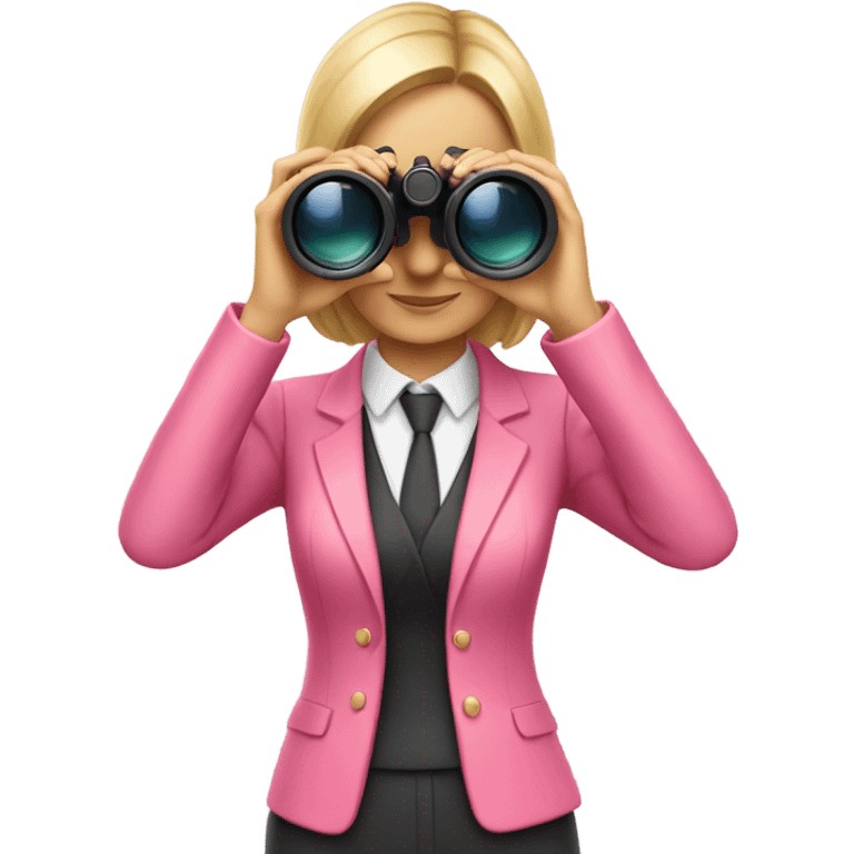 white female employee in pink suit using binoculars emoji