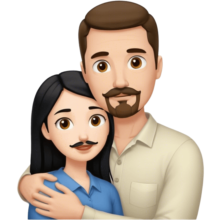 Tall white man with brown mustache and goatee hugging a short pale woman with long black hair emoji