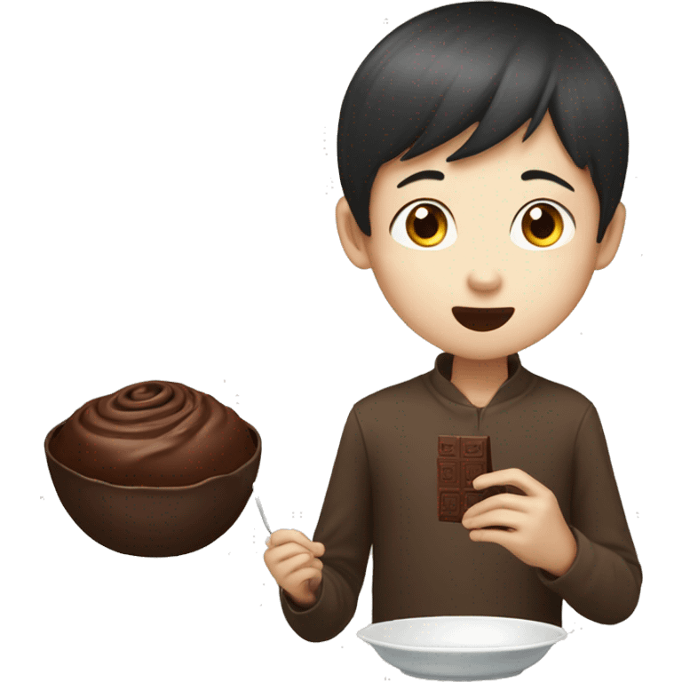 chinese boy with extremely thin and long eyes eating chocolate emoji