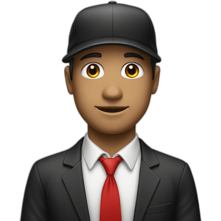 white man in black baseball cap, white shirt and red tie emoji