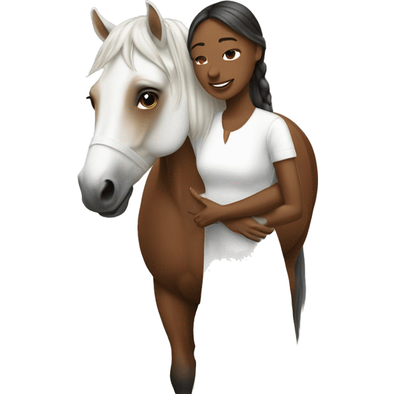 Woman in white dress hugs bay horse emoji