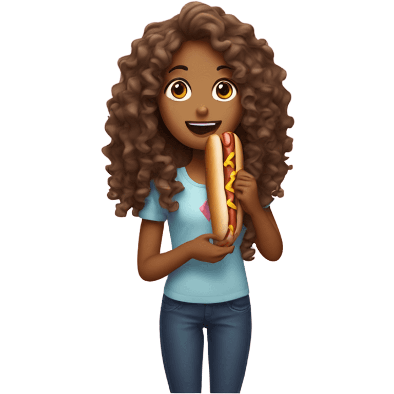 A girl with long curly hair eating hot dog emoji