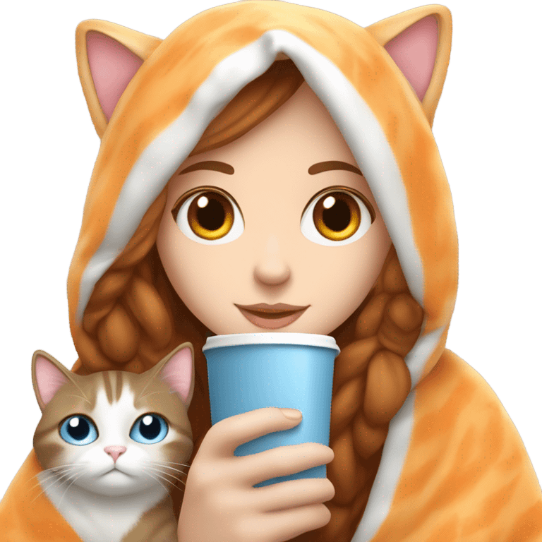 White girl with blue eyes and brown hair sipping coffee. With an orange and white cat. They’re cuddled up in a blanket  emoji