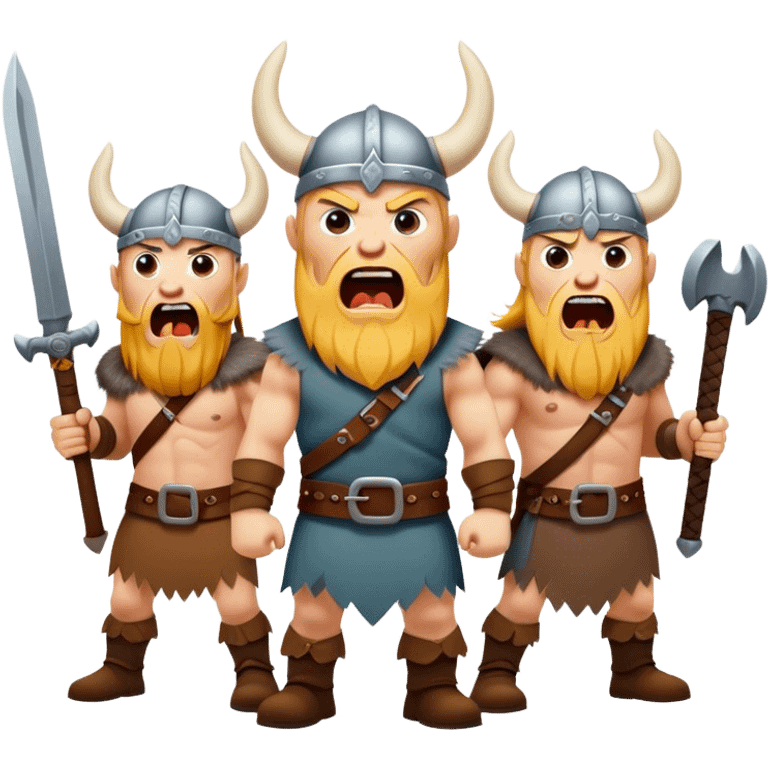 three different Vikings scream, weapons in their hands, realistic emoji