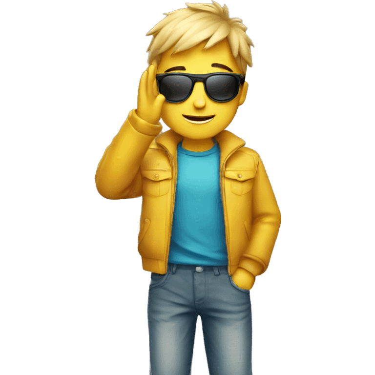 A boy  with sun glasses doing bye emoji