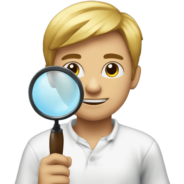 boy in white shirt indoors, with cofia and Magnifying sup emoji