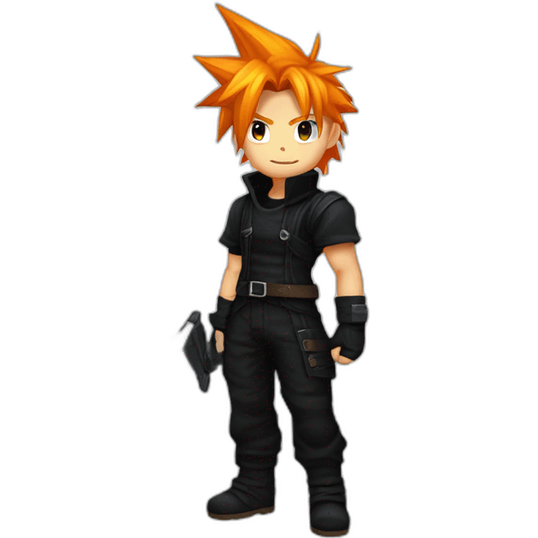 cloud strife with orange hair. Black clothes full body  emoji