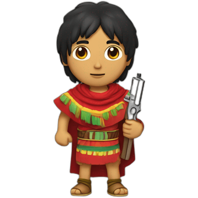 An Inca man, neck-length black hair, wearing a red headband and wearing a red poncho (with yellow, green and red lines) and holding a pistol emoji