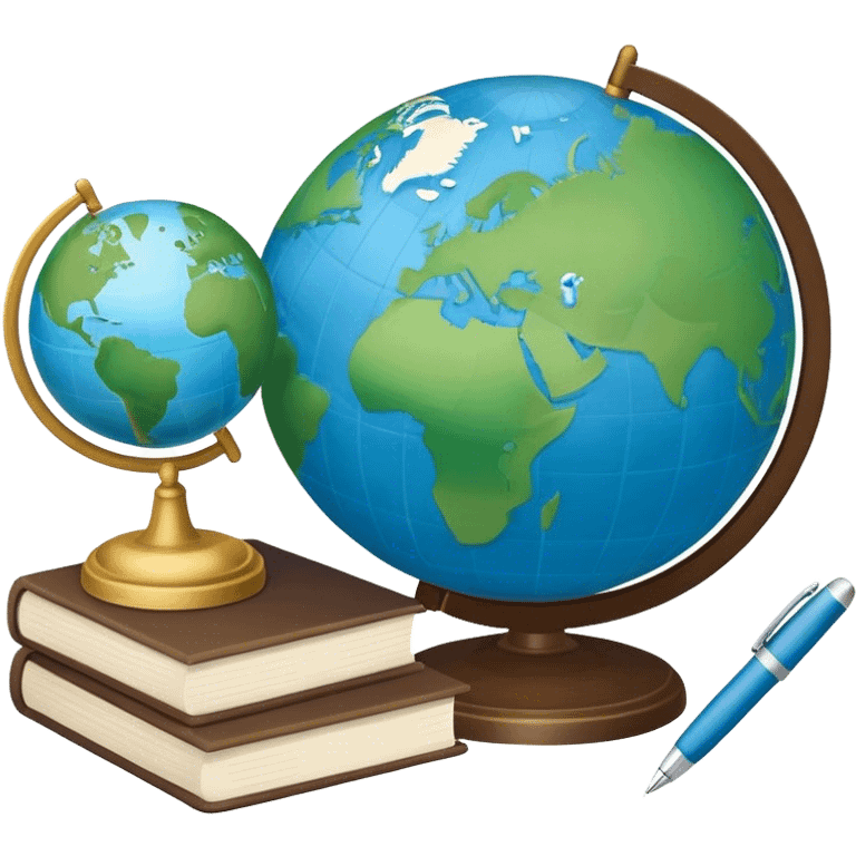 Create an emoji representing language translation. The design should feature a globe in the background, symbolizing international communication. In front of the globe, place two books or sheets of paper with texs on them and a pen nearby to indicate the act of writing. Use a clean and professional color palette with blues, greens, and neutral tones. Make the background transparent. emoji