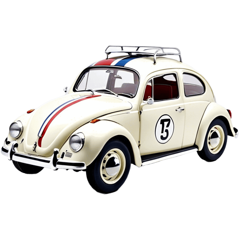 Volkswagen Beetle Herbie, 1963 model, painted in VW L87 Pearl White. It features two racing stripes running from the hood, over the roof, and down the back, one blue and one red. The number 53 is displayed in black inside a white circle with black borders on the hood. The car has classic chrome bumpers, vintage-style black and yellow license plates, and a racing stance, emphasizing its iconic movie look emoji