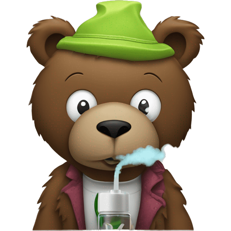 a hippy snazzy cut bear vaping and vape mist coming out from both its ear. emoji