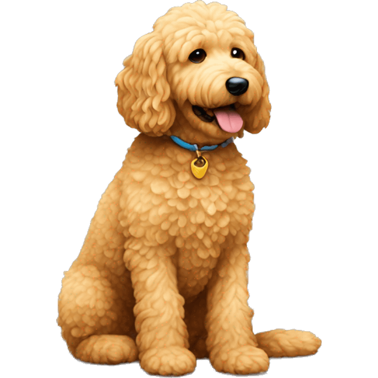 mini golden doodle sitting like human emoji