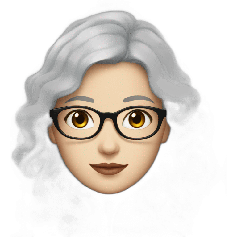 A girl in Black coat with glasses with gray-blue eyes, white skin and curly black hair and aristocratic high cheekbone emoji