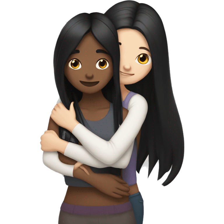 Lesbian with long black hair and white skin hugging her girlfriend from behind emoji