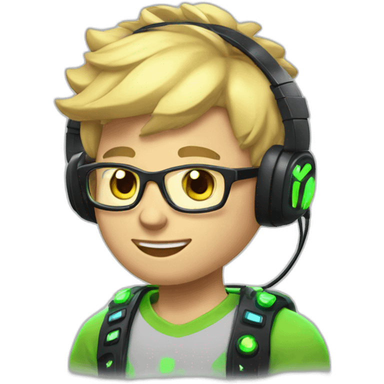 Blonde Short hair Gamer guy with headset and gamepad in hands with neon Lighting emoji