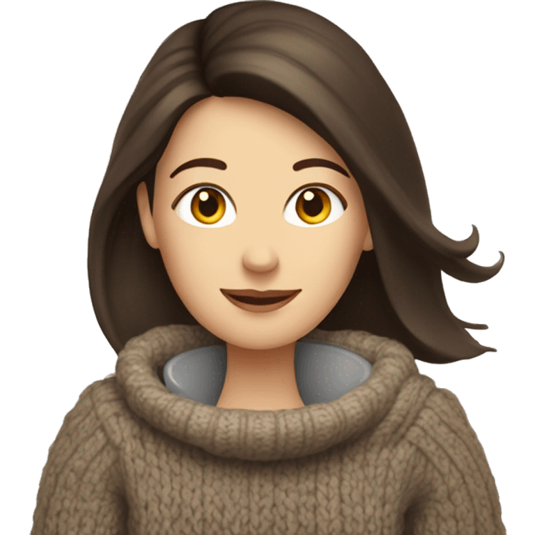 White woman with long straight dark brown hairs in a cozy sweater with a cup of tea emoji